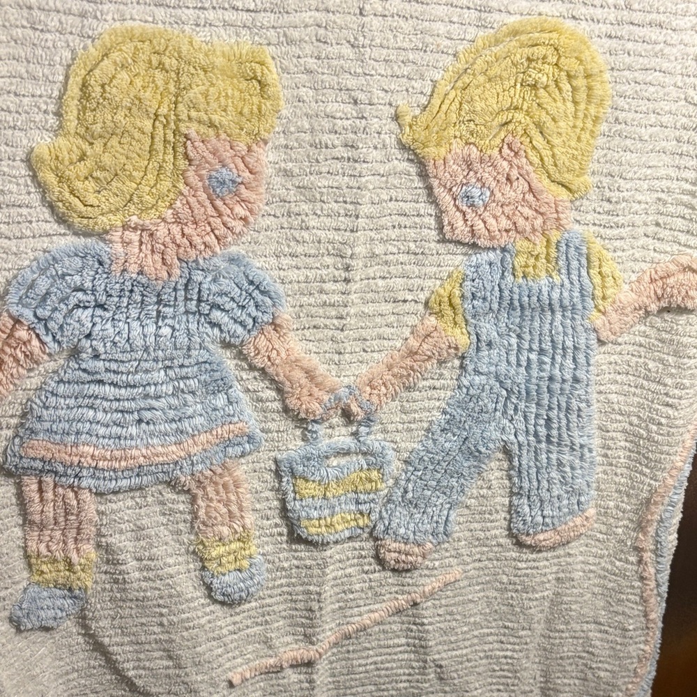 Vintage Chenille Blanket with Children Design. 41 x 65 one hole 150